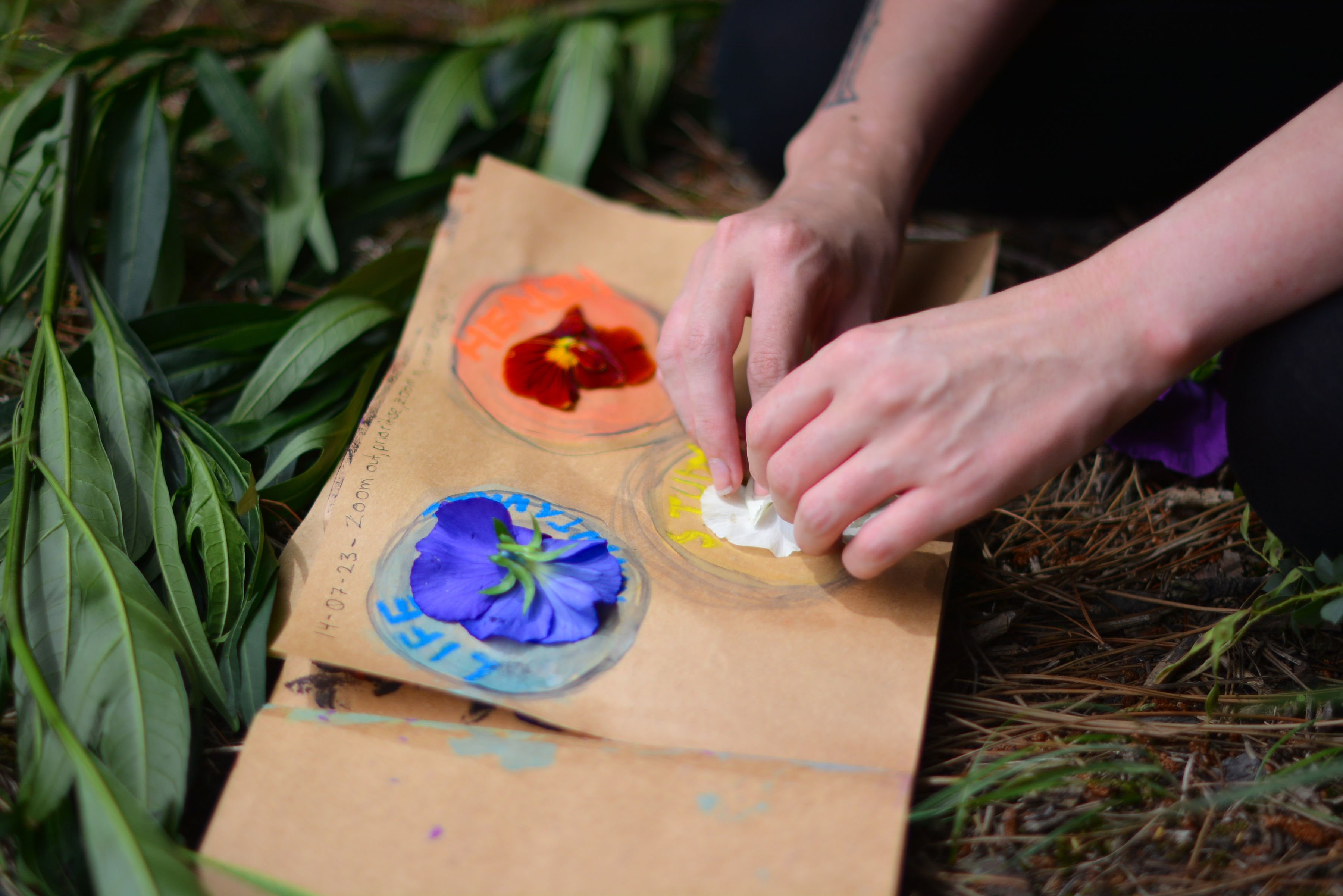 Hands making art with flowers and paint.